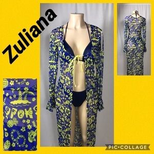 Zuliana Aloha Tropical Print Long Ruffle Sleeve Mesh Cover Up. Made in USA/ New